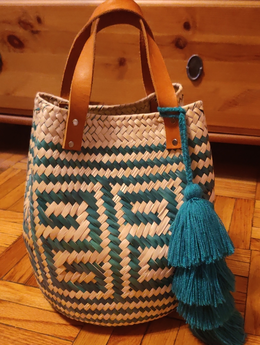 Teal and Natural Woven Tassel Tote Bag
